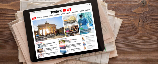 Tablet with news website on stack of newspapers. All contents are made up.