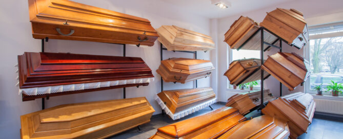 Wooden brown coffins in a funeral home